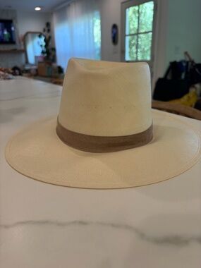 Janessa Leone Cream Straw Fedora with Black Sweatband